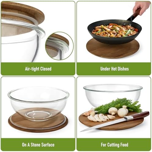 Stackable Glass Mixing Bowls with Acacia Lids Set of 5 - Image 3