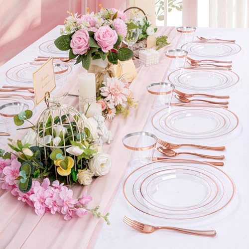 bUCLA 300PCS Rose Gold Plastic Dinnerware - Clear Dinnerware Set Disposable Include 50 Dinner Plates,50 Dessert Plates,50 Knives,50 Forks,50 Spoons,50 Cups for Party & Wedding - Image 6