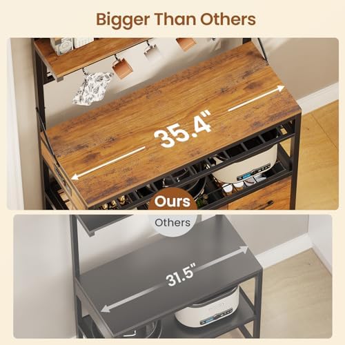 Itaar Bakers Rack with Storage and Power Outlet, 35.4 inch Coffee Bar Cabinet, Microwave Stand Kitchen Cabinet with Hutch, LED Lights, Wine Rack and Hooks, Rustic Brown - Image 6
