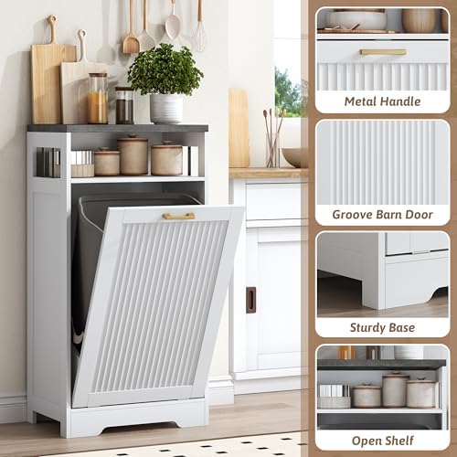 Pet-Proof Single 13 Gallon Tilt Out Trash Can Cabinet with Open Storage – Hide Garbage & Recycling Bins to Keep Your Kitchen Clean and Organized,White - Image 4