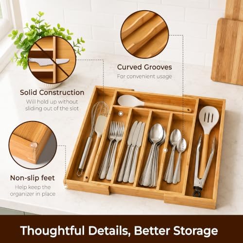 Expandable Bamboo Kitchen Drawer Organizer for Cutlery and Utensils, Adjustable Bamboo Wood Cutlery Tray in Drawer for Flatware and Silverware in Kitchen, (Natural) - Image 4