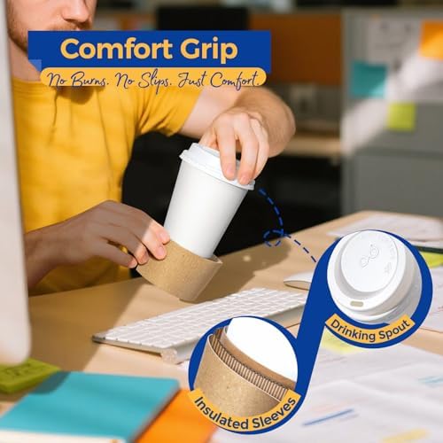 Fit Meal Prep 50 Pack 8 oz Disposable Coffee Cups with Lids, Sleeves, Leak-Proof To Go Coffee Cups with Lids, Durable Hot Paper Cups for Home, Office, Party, Business - Image 5