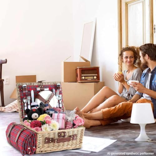Wicker Picnic Basket for 4 with Waterproof Blanket Red Grid - Image 4