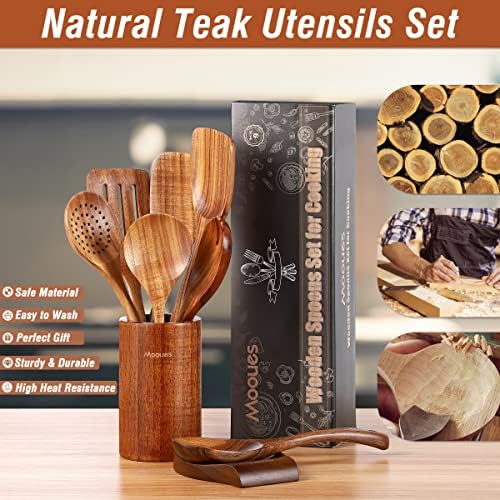 Mooues Wooden Kitchen Utensil Set, 9 Piece Natural Teak with Spoon Rest - Image 3