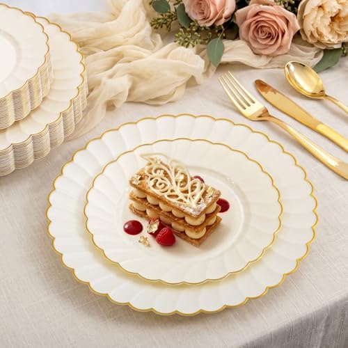 YOUBET 175PCS Ivory Scalloped Plastic Plates for Party Wedding - Image 4