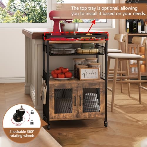Hencawima Coffee Bar Cabinet, 3 Tier Coffee Station Table on Wheels, 35.9" H Bar Cart with Wire Basket Drawer & 5 Hooks for Home Kitchen, Liquor Buffet Sideboard Cabinet (Rustic Brown) - Image 3