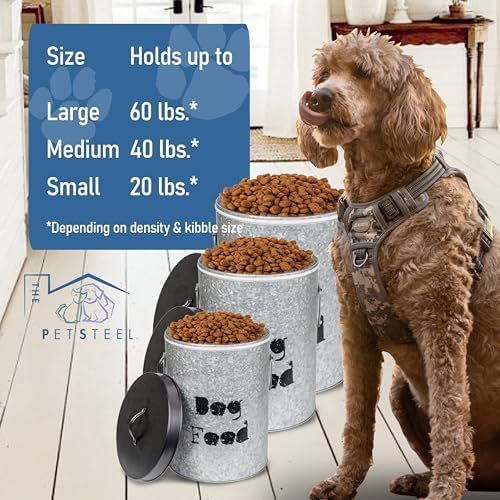 Large 60lb Dog & Medium 30lb Cat Pet Food Storage Canister with Scoop – Durable & Airtight for Freshnesss, Minimalist Design & Recyclable, Metal Container (Combo - Large Dog Bin & Med Cat Bin) - Image 5