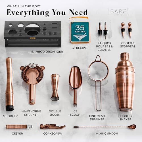 BARE BARREL® Mixology Bartender Kit Bar Set | 16-Piece Cocktail Shaker Set | Martini Barware Mixing Tools for Home Bartending | Incl. 35 Recipe Cards | Gift Set (24oz Cobbler Shaker, Copper/Black) - Image 4