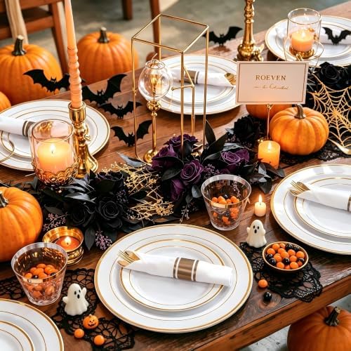 WELLIFE 700 Pcs Gold Plastic Plates for 100 Guests - Disposable Dinnerware Set,Party Supplies Includes 200 Gold Plates,300 Plastic Silverware,100 Napkins,100 Cups for Party and Wedding - Image 5