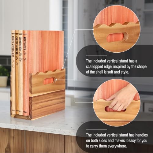 4Pcs Book Cutting Board Set with Stand - The Cutting Board Library, Solid Wood Book-Shaped Boards for Serving & Display, Labeled for Meat & Fish, Bread & Cheese, Cooked Food, Fruits & Vegetables - Image 4