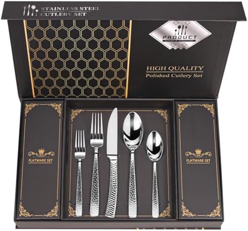 Hammered Silverware Set With Gift Box For 8 Cutlery Set Utensils Stainless Steel Flatware 40 Pieces MIKIWAY Luxury Kitchen Tableware Set For Gifts Festive, Dishwasher Safe, Mirror Polishing by MIKIWAY