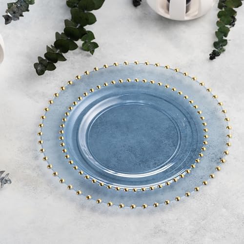 PLASTICPRO 64 Piece Combo Plastic Dinner Plates Disposable Plastic Fancy Heavy Duty Party Dishes 7 inch and 10 inch, Translucent Blue and Gold Beaded - Image 2
