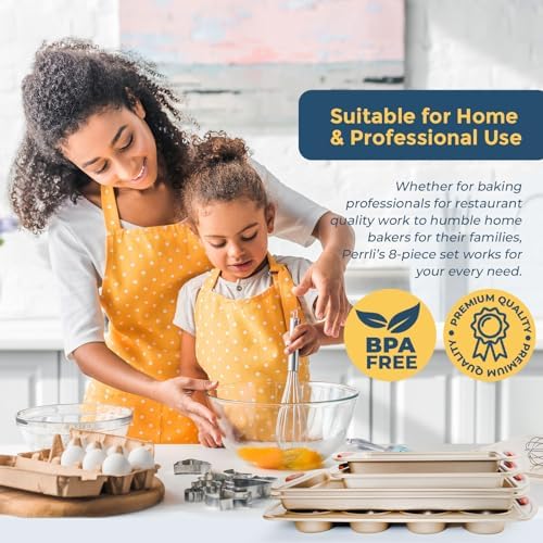 Perlli 10 Piece Baking Set - Nonstick Gold Steel Oven Bakeware With Silicone Handles, Cookie Sheets, Round Cake Pans, 9x13 Pan With Lid, Loaf Pan, Deep Pan, Pizza Crisper, Muffin Pan - Image 5