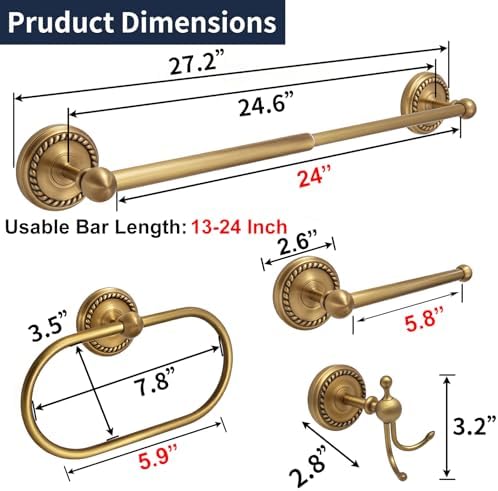 Antique Brass 4-Piece Bathroom Hardware Set Adjustable Towel Bar 13-24" - Image 2