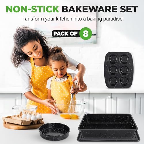 NutriChef 8-Piece Stackable Bakeware Set - Carbon Steel Non-Stick Baking Pan Set, Sheet, Muffin, Round, Loaf, Square Cake & Deep Pans, 450°F Heat Resistant, Standard & Convection Ovens (Black Marble) - Image 2