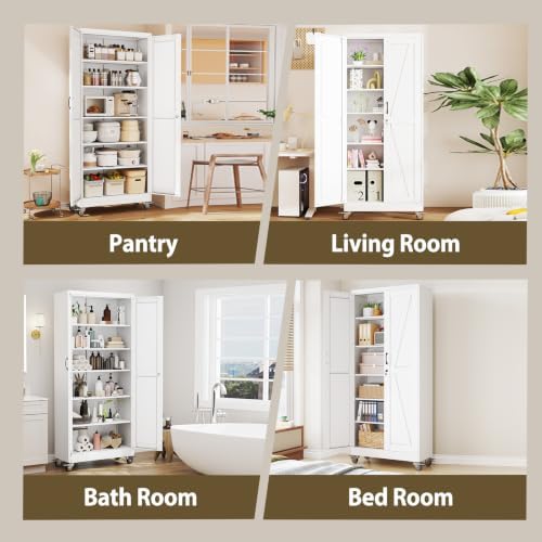 Metal Storage Cabinets with Wheels, Steel Tool Cabinets Lock Door and 5 Adjustable Shelves for Home Office, Garage, Kitchen (White, 74.8" H) - Image 7