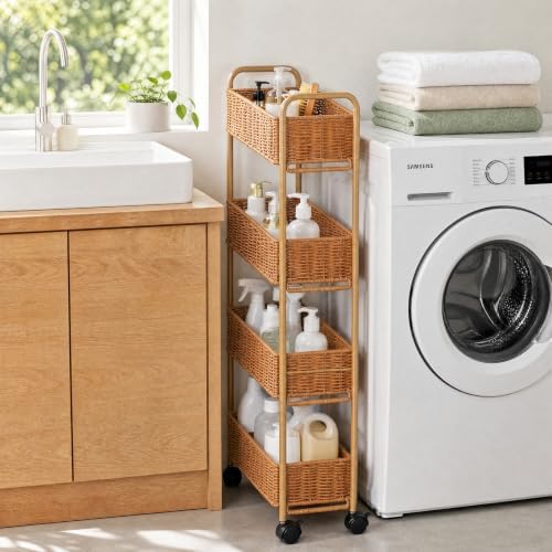 FOCHIER F Utility Slim Storage Cart,4-Tier Rolling Kitchen Office Laundry Room Cart with Wheels,Mobile Shelving Unit Organizer for Living Room,Bathroom, Baby Diaper,Art,Dining Room Narrow Places - Image 5