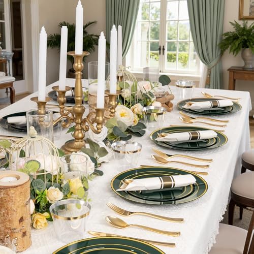 WDF Partyware 350PCS Green and Gold Plates - Green Plastic Plates 50Guests Plastic Plate with Rolled Napkins for Party/Birthday/Wedding - Image 5