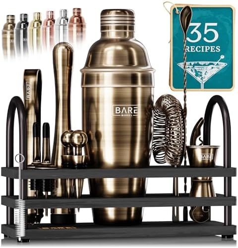 BARE BARREL® Mixology Bartender Kit Bar Set | 14-Piece Cocktail Shaker Set | Martini Barware Mixing Tools for Home Bartending | 35 Recipe Cards | Gift Set (24oz Cobbler Shaker, Brass/Black) by BareBarrel