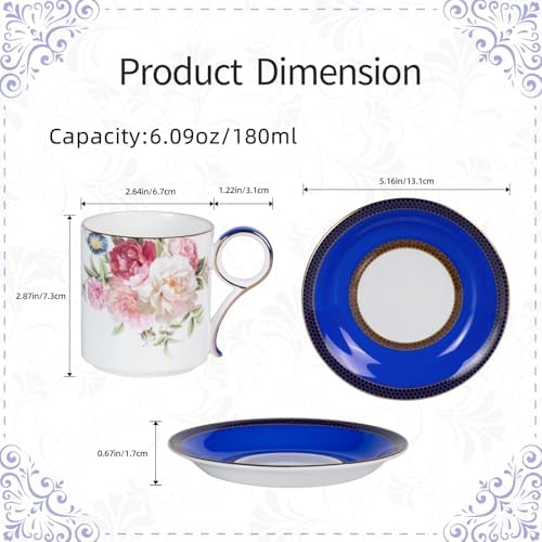 KAMMAK Tea Cups and Saucers Set of 2, Porcelain Coffee Cups, JBE015 - Image 2