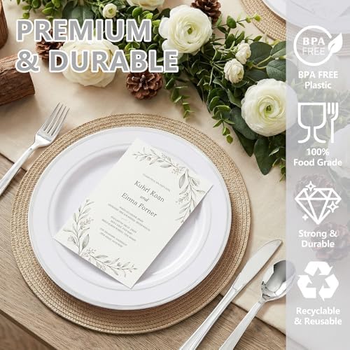 GATHER 350PCS Silver Plastic Plates Set for 50 Guests Wedding Party - Image 3