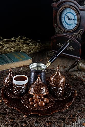 DEMMEX Turkish Greek Arabic Coffee Making and Serving Full Set with Cups Saucers Lids Sugar Bowl Tray and Copper Coffee Pot, 12 Pcs - Image 3