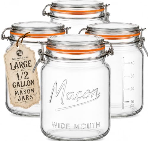 kitchentoolz Large Glass Mason Jars with Airtight Lids - Half Gallon Food Storage & Canning Jars with Measurement Markings - Kitchen Pantry Containers for Flour, Sugar & Dry Goods - 64 oz (4pk) by KITCHENTOOLZ