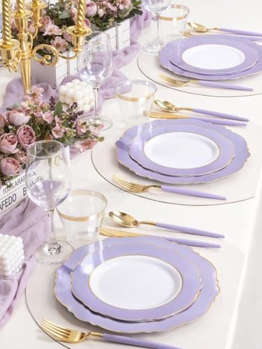 WDF 150Pcs Purple Plates Disposable - Baroque Lavender Purple and Gold Plates - 25Guest Plastic Dinnerware Ideal for Wedding/Party/Birthday/Bridal Shower - Image 2