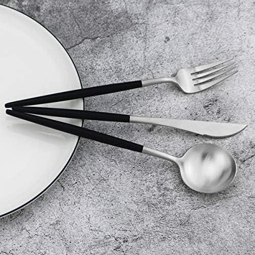 Black Handle Matte Silver Silverware Set - 5-Piece 18/10 Stainless Steel Satin Finish Flatware, Kitchen Utensils, Tableware Travel Cutlery for Camping Office Lunch - Dishwasher Safe - Image 7