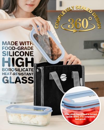 7-Pack Glass Food Storage Containers with Tempered Lids – Borosilicate, Airtight, Oven-Safe (-4°F~950°F), BPA-Free, 1Cup*4 & 2.3Cup*2 & 5.7Cup*1(Light blue) - Image 2