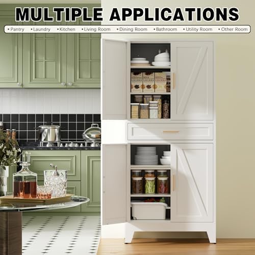 COFaR 71" Tall Kitchen Pantry, Farmhouse Storage Cabinet with Doors and Shelves, Metal Cabinet with Drawers and Legs, for Cupboard/Dining Room/Bathroom/Living Room/Office/Laundry Room (White). - Image 3