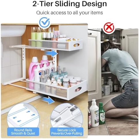 Under Sink Organizer, 2 Tier Pull Out Under Cabinet Organizer Shelf with Pad for Framed Cabinets, Metal Slide Out Under Sink Storage, Mesh Sliding Drawers for Kitchen Bathroom Laundry(White, 1 Pack) - Image 4