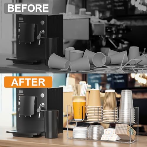 Beego 5-Compartment Cup Holder for Countertop - 2-Tier Clear Acrylic Cup Dispenser Coffee Station Paper Cup and Lid Organizer Condiment Storage for Restaurant Breakroom Kitchen Bar Accessories - Image 7