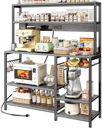 SUPERJARE Bakers Rack with Power Outlet, 47.2 Inches Coffee Bar with Basket by SUPERJARE