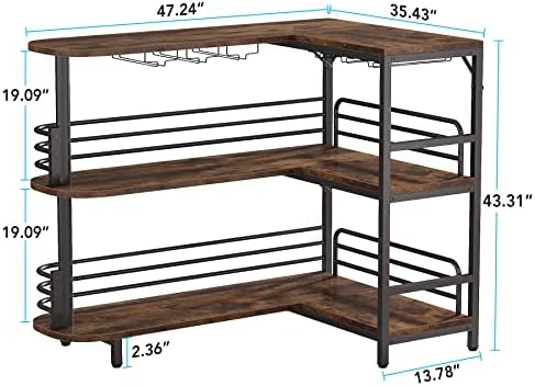 Tribesigns L-Shaped Home Bar Unit, 3 Tier Liquor Table With Storage Shelves and Wine Glasses Holder, Industrial Corner Wine Cabinet Mini Bar for Home Kitchen Pub, Rustic Brown - Image 2