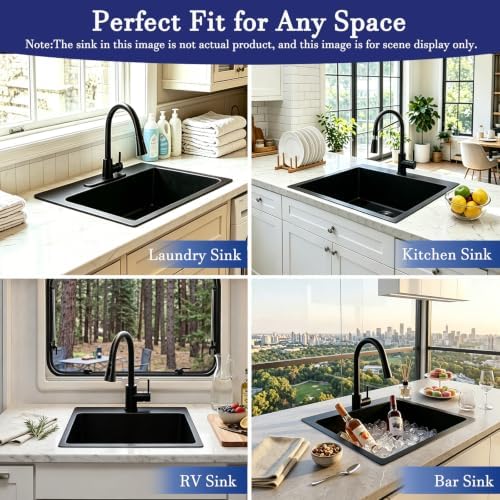 VAPSINT 25 x 22 Inch Black Drop In Kitchen Sink, 25 Inch Top Mount 16 Gauge Extra-Thick Stainless Steel Single Bowl Deep Small Kitchen Sink, RV Laundry Utility Sinks with Basket Strainer - Image 2