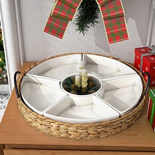 Ceramic Serving Tray, Food Tray 15.5 x 15.5 Inches,Divided Serving Platter with 6 Removable Dishes, Portable Handle Cattail Serving Bowls,Perfect for or Chips and Dip,Natural by RANDEFURN