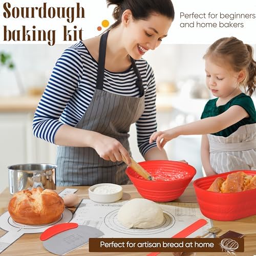 Sourdough Starter Kit with Jar – Complete Sourdough Bread Baking Supplies for Beginners, Includes 2 Silicone Proofing Baskets Baking Mat Sour Dough Kit - Red - Image 5