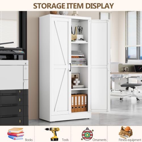 White Metal Storage Cabinet, 63" Kitchen Pantry Cabinets for Office - Image 3