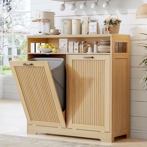 13 Gallon Double Tilt Out Trash Can Cabinet with Open Shelf & Storage - Pet Proof Hidden Recycling Cabinet & Wooden Laundry Hamper for Kitchen, Bathroom, Living Room, Natural Wood by JMHDYG