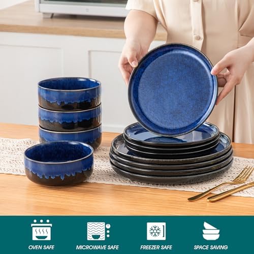 vancasso Starry 12 Pieces Dinnerware Sets for 4, Blue Reactive Glaze Dishes Sets, Ceramic Plates and Bowls Set, Dinner Salad Dessert Plates, and Cereal Bowls Set, Dishwasher and Microwave Safe - Image 4