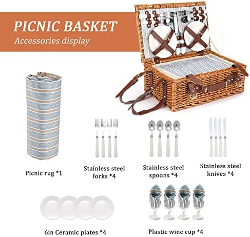 Wicker Picnic Basket for 4 with Waterproof Blanket Blue Stripes - Image 6