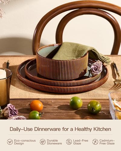 Dinnerware Set for 6, Ceramic Ribbed Plates, Bowls, Dishes - Image 5