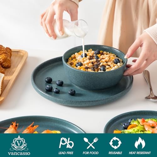 vancasso Plates and Bowls Sets, 24 Pieces Stoneware Dinnerware Set for 8, Ceramic Dish Set for Kitchen, Microwave and Dishwasher Safe, Smoky Teal, Series ZERMATT - Image 3