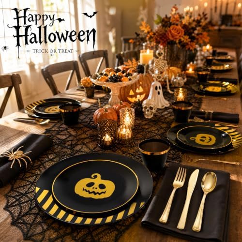 KIRE 25 Guest Halloween Plates Black Gold Plastic Plates Smiley Pumpkin include 50PCS Black &150PCS Gold Plastic Silverware&25PCS Clear Black Cups for Halloween Party - Image 5
