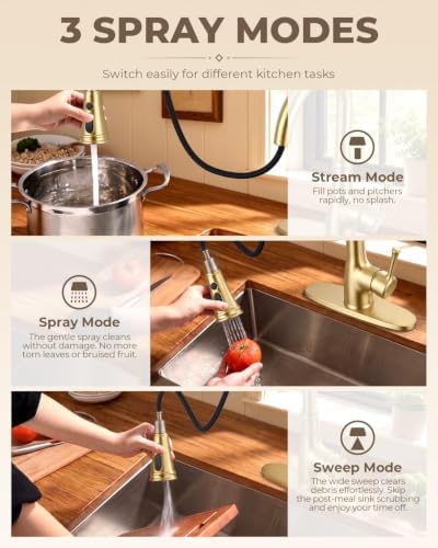 WEWE Brushed Gold Kitchen Faucet with Pull Down Sprayer, Champagne Bronze Copper Single Handle Single Hole Kitchen Sink Faucet - Image 3
