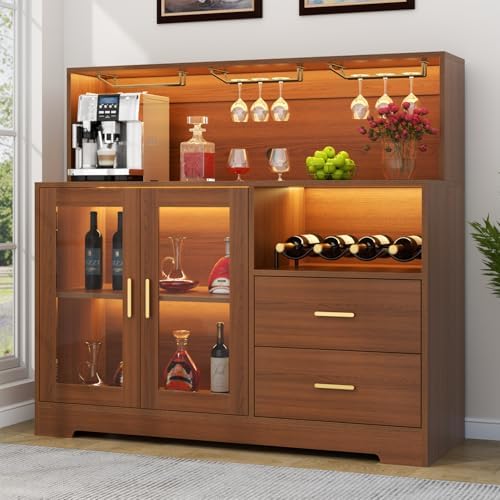 Bar Cabinet for Home with LED Light,Coffee Bar Cabinet w/ Wine & Glass Rack by AuromieDirect