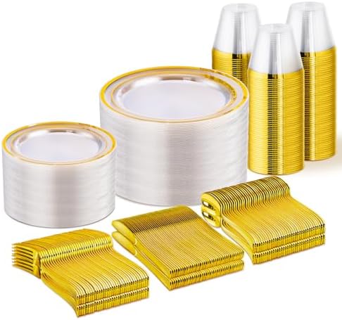 WELLIFE Clear and Gold Plastic Plates, Dinnerware Set for 75 Guests by WELLIFE