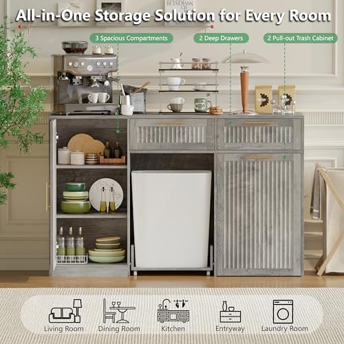 Double 13 Gallon Pull Out Trash Can Cabinet with Storage Cabinet,Wood Grey - Image 3