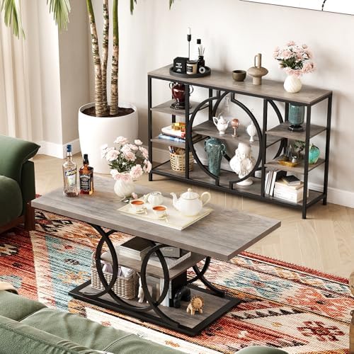 GiftGo Rustic Coffee Table with Storage Industrial 3 Tier Center Living Room Table Farmhouse Wooden Rectangle Cocktail Tea Table for Office Bedroom Elegant Full Moon Design (Vintage Gray, L-47) - Image 4